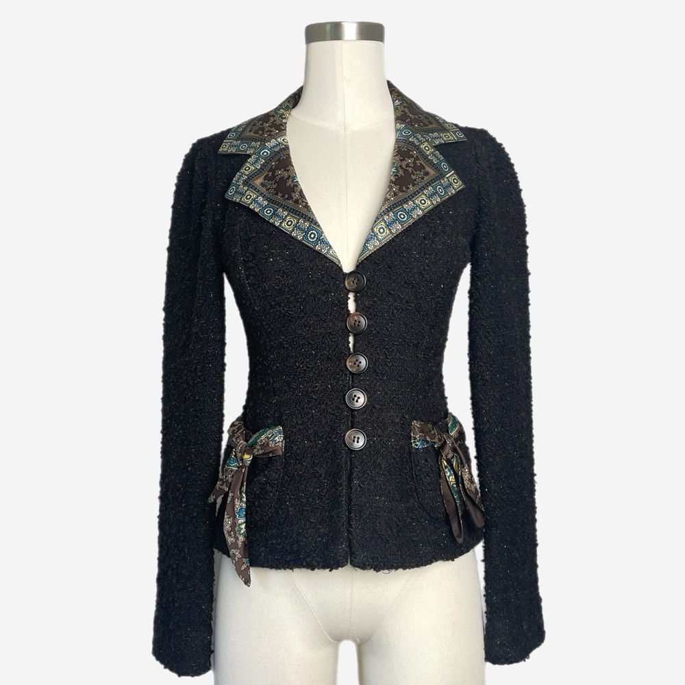 Vintage Black Textured Blazer with Brown & Teal Paisley Trim